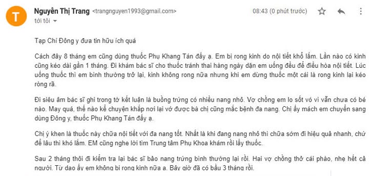 Thư được chị Nguyễn Thị Trang gửi đến Tạp chí Đông y